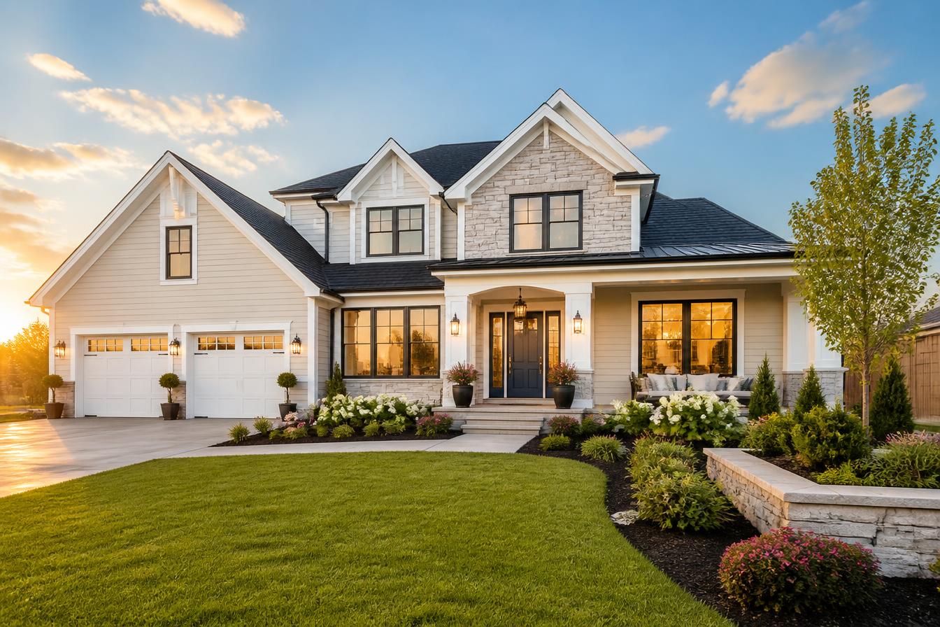 Beautiful modern American home at sunset