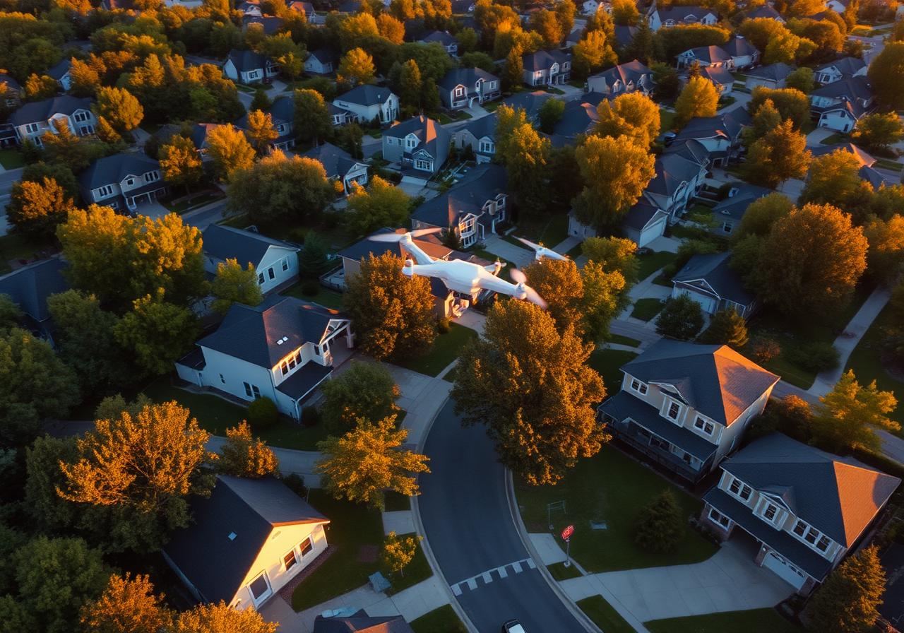 Aerial view of a suburban neighborhood at sunset